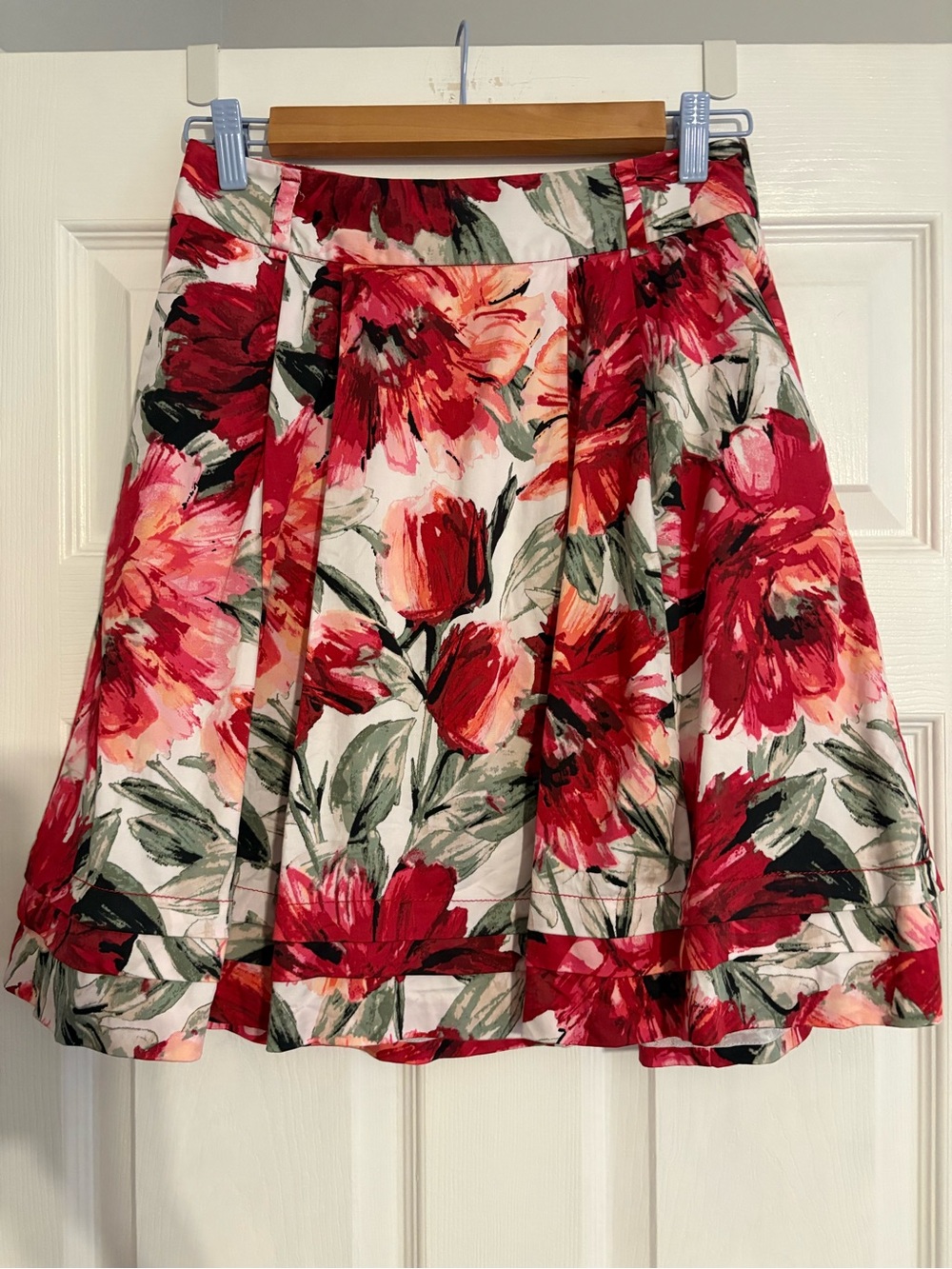 White House Black Market Red, Pink, and Green Floral A-Line Skirt